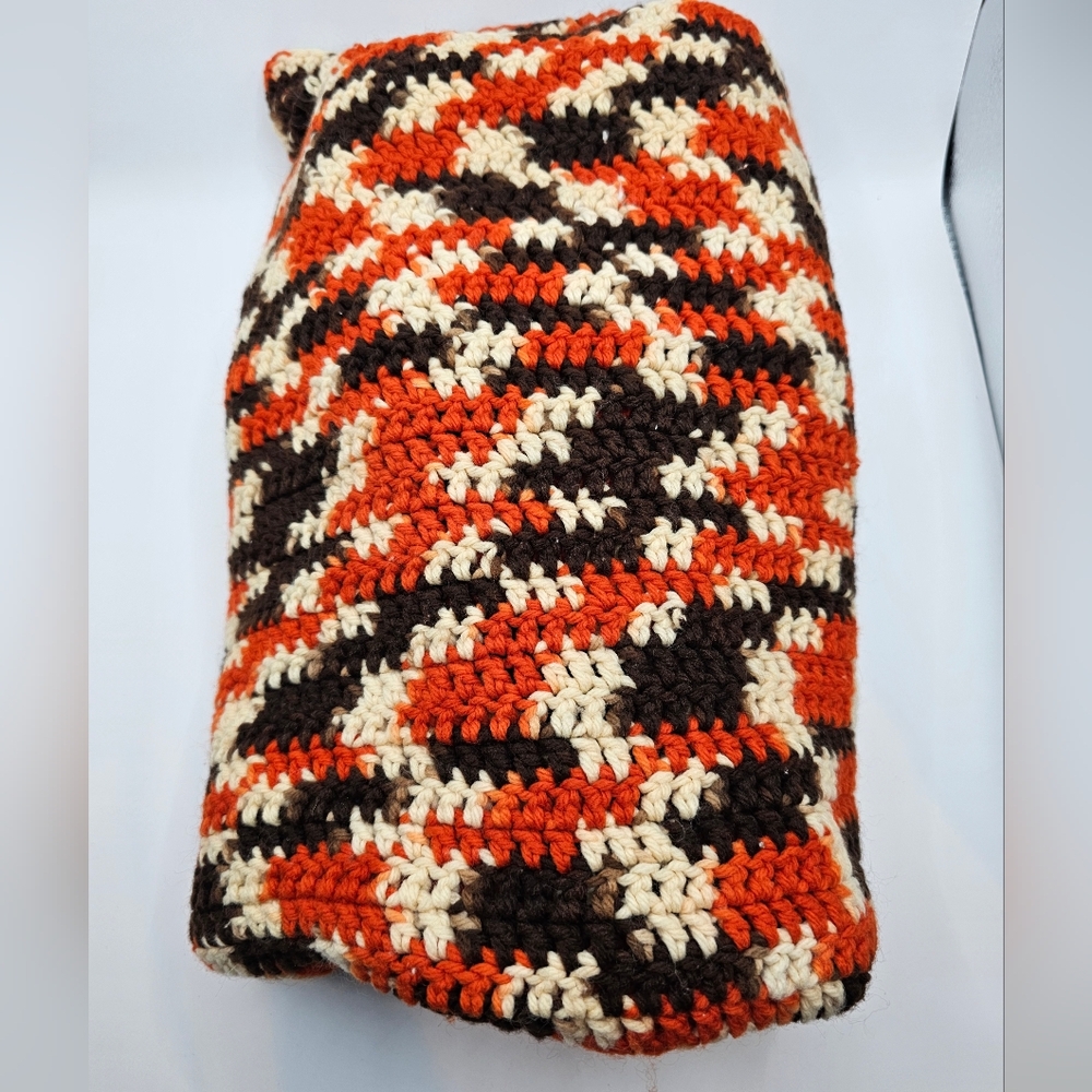 Vintage 1970 Chevron Knit Blanket in Black, Orange, and Cream, Handmade